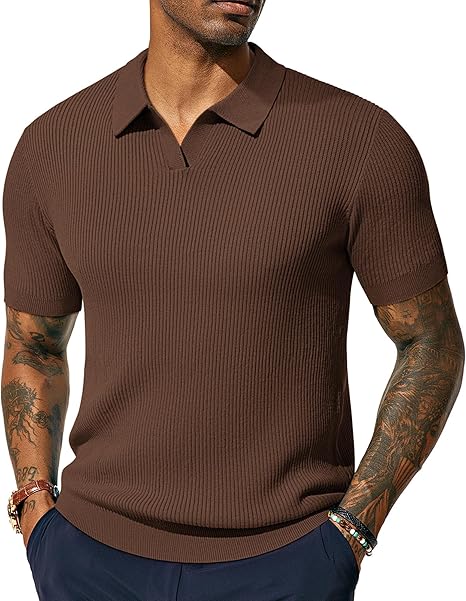 PJ PAUL JONES Mens Polo Shirts Short Sleeve Casual V Neck Ribbed Textured Knit Polo Shirt