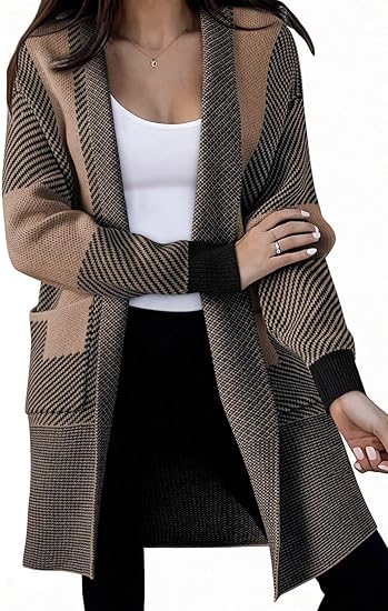 Astylish Women 2025 Open Front Long Sleeve Cardigan Casual Knit Sweaters Color Block Fall Outfits with Pockets