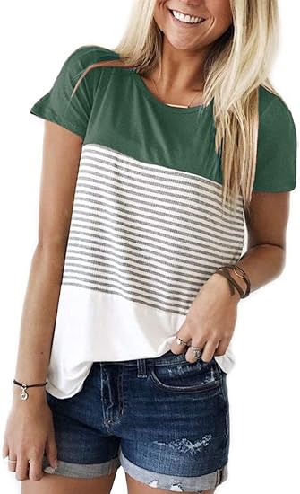 Womens Crew Neck Short Sleeve Tees Color Block Striped T-Shirt Casual Loose Fashion Tee Tops