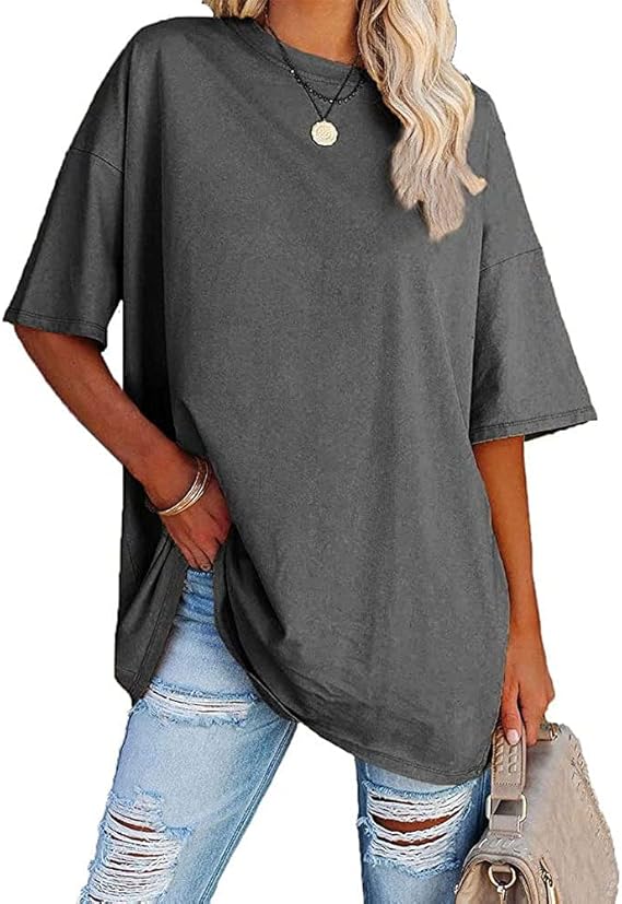 Womens Summer Casual Loose T-Shirt Short Sleeve Crewneck Solid Color Basic Tee Oversized Tunic Tops